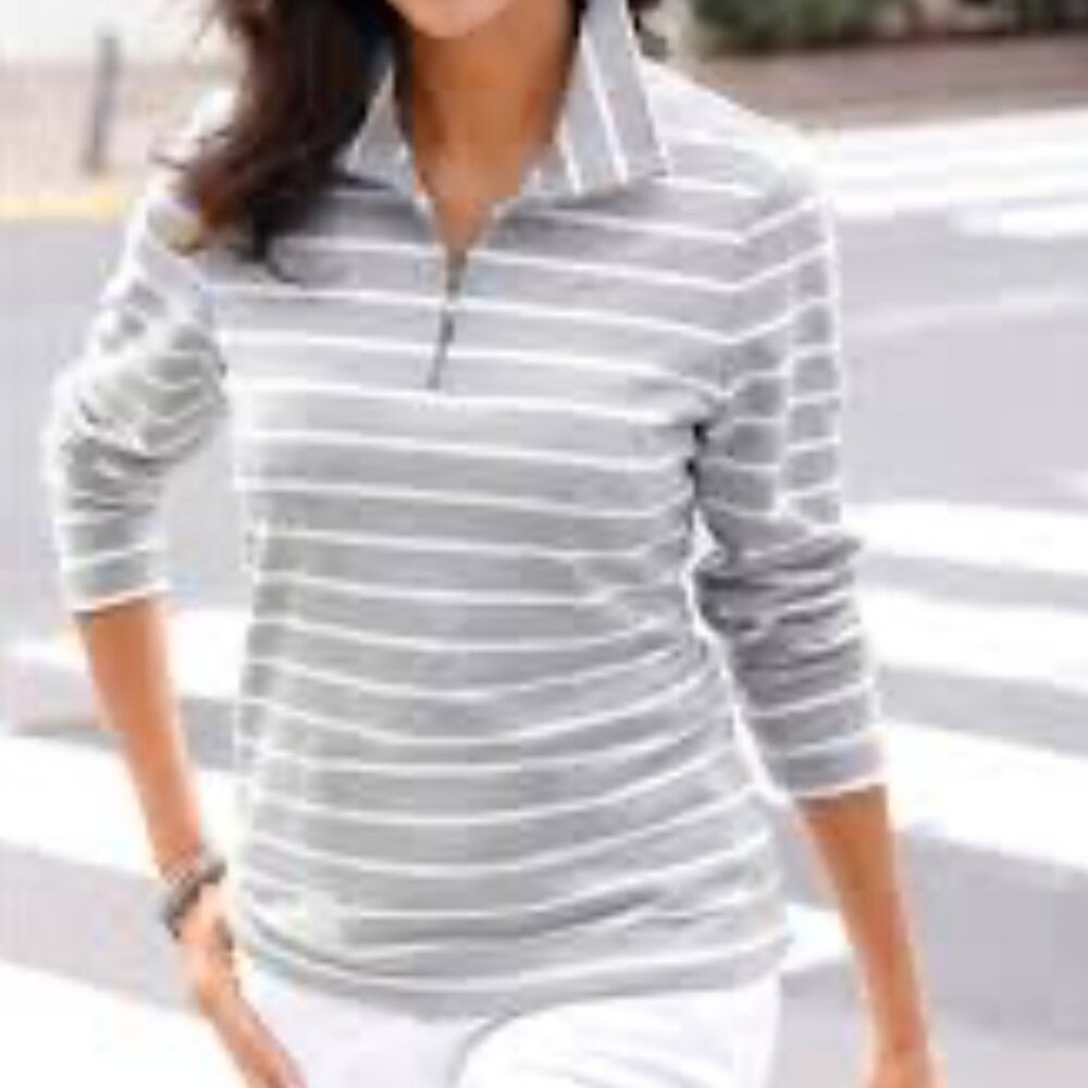 LADIES SIZE L COLLECTION L GRAY WHITE STRIPE LONG SLEEVE 1/4 ZIP SHIRT